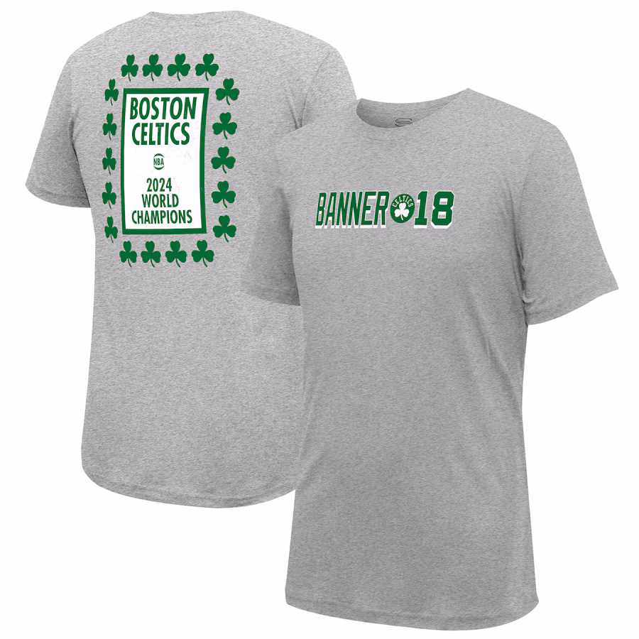 Men's Boston Celtics Stadium Essentials Heather Gray 18-Time NBA Finals Champions Banner 18 Forever T-Shirt - Puhuasuan