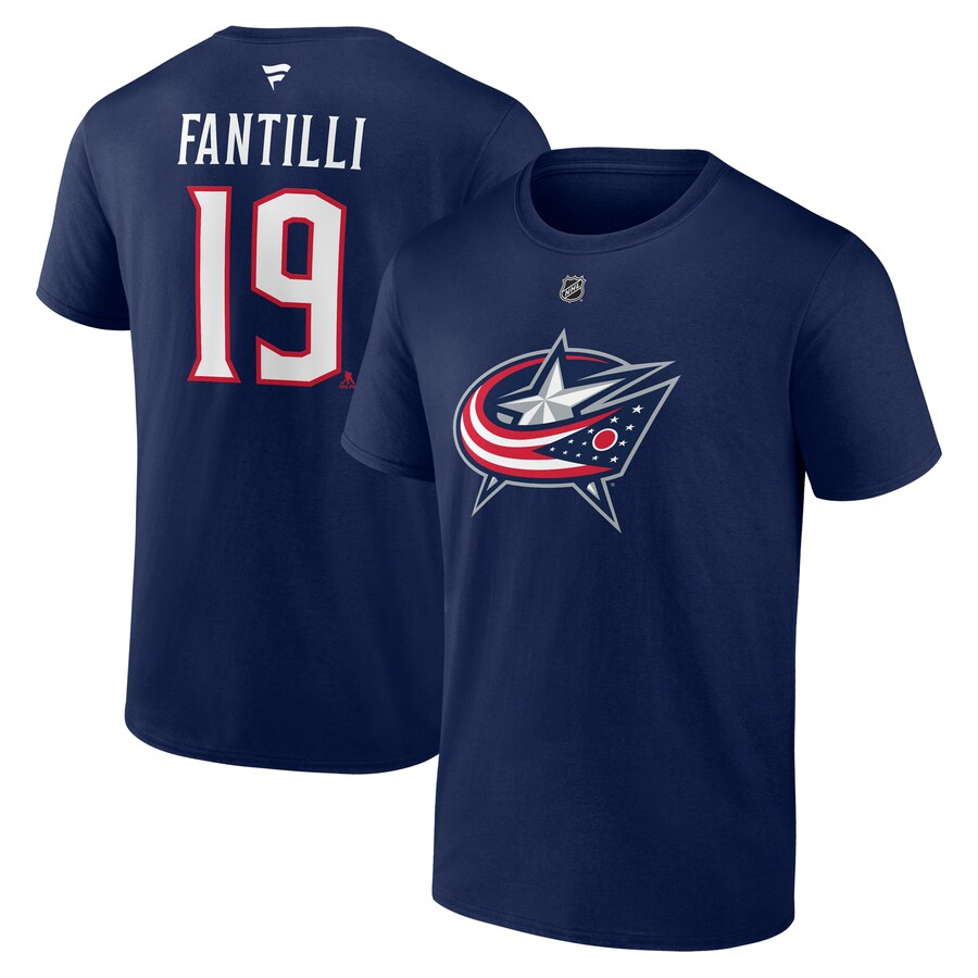 Men's Columbus Blue Jackets Adam Fantilli Fanatics Navy Authentic Stack Name & Number T-Shirt - Puhuasuan