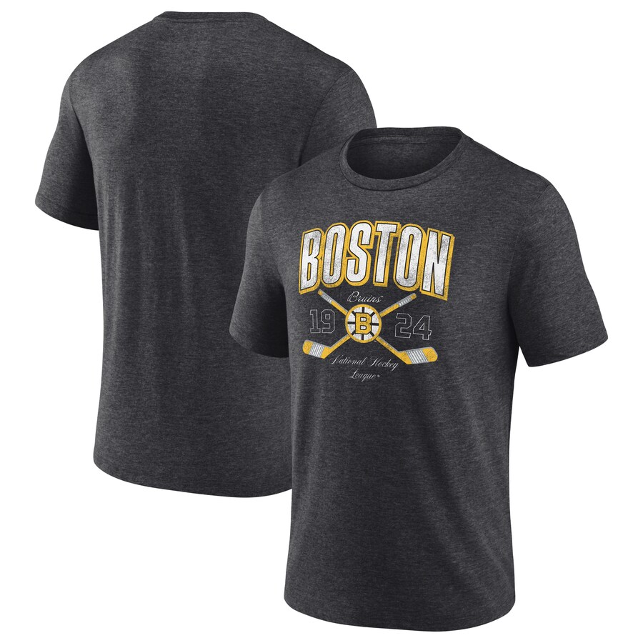 Men's Boston Bruins Fanatics Heather Charcoal Vintage Cross Sticks Distressed Tri-Blend T-Shirt - Puhuasuan