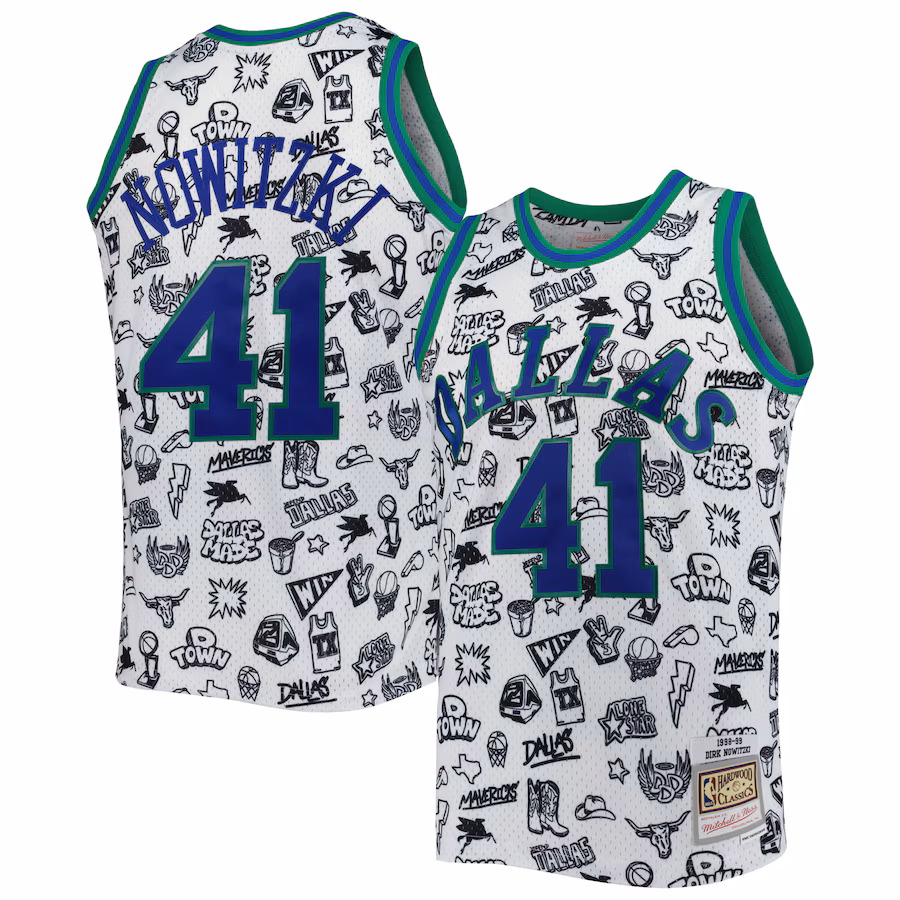 Men's Dallas Mavericks Dirk Nowitzki Mitchell & Ness White 1998/99 Hardwood Classics Doodle Swingman Jersey - Puhuasuan