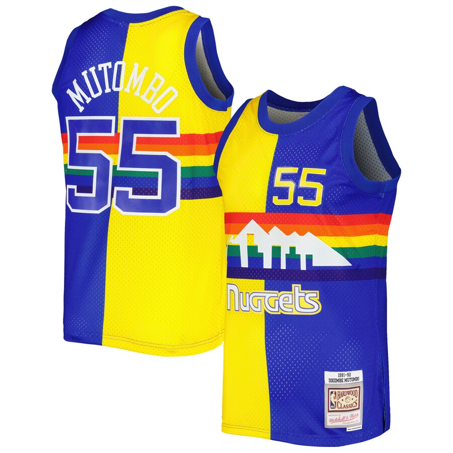 Men's Denver Nuggets Dikembe Mutombo Mitchell & Ness Royal/Gold Hardwood Classics 1991/92 Split Swingman Jersey - Puhuasuan