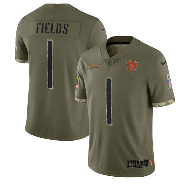 Men's Chicago Bears #1 Justin Fields 2022 Olive Salute To Service Limited Stitched Jersey - Puhuasuan