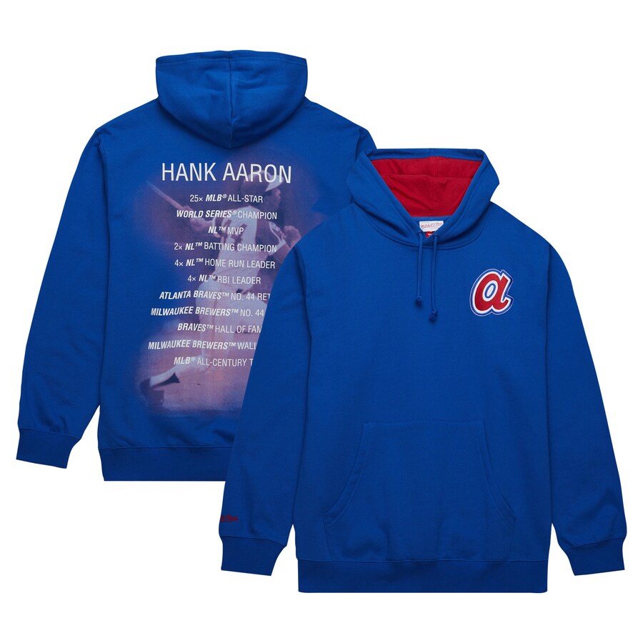 Men's Atlanta Braves Hank Aaron Mitchell & Ness Royal Vintage Logo Name & Number Pullover Hoodie - Puhuasuan