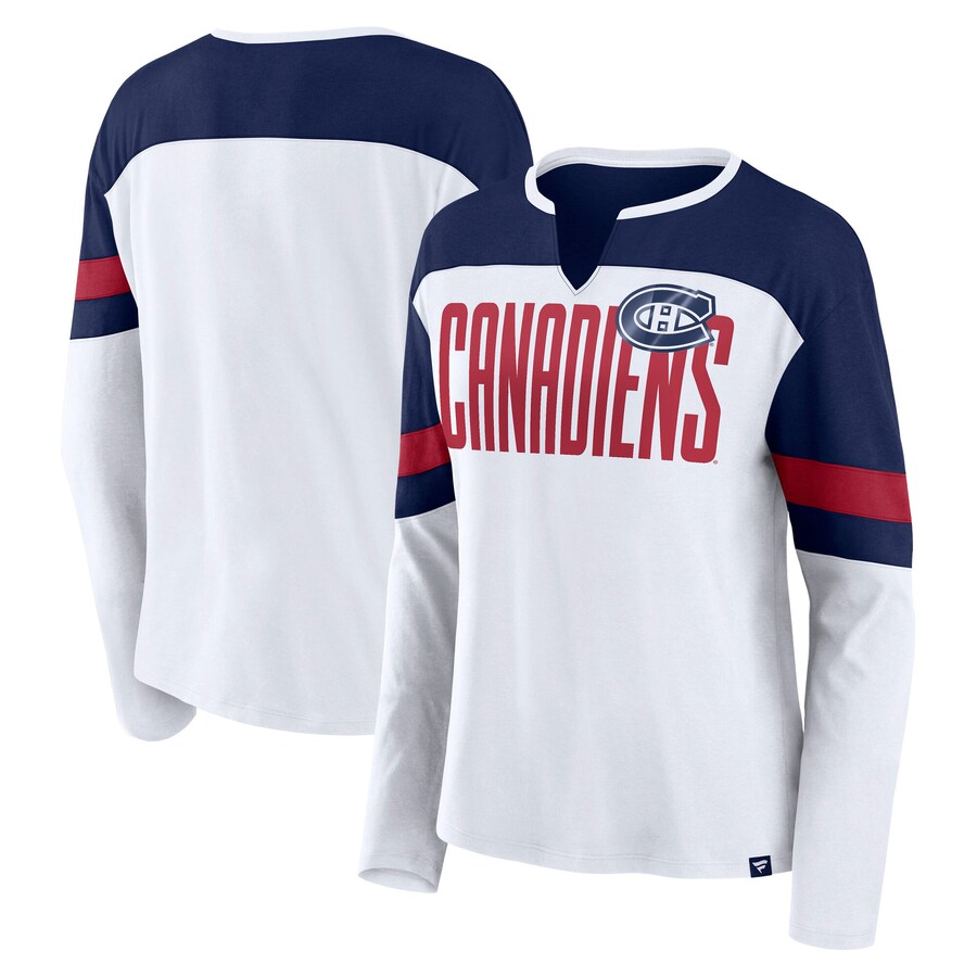 Women's Montreal Canadiens Fanatics White/Navy Frozen Long Sleeve Notch Neck T-Shirt - Puhuasuan