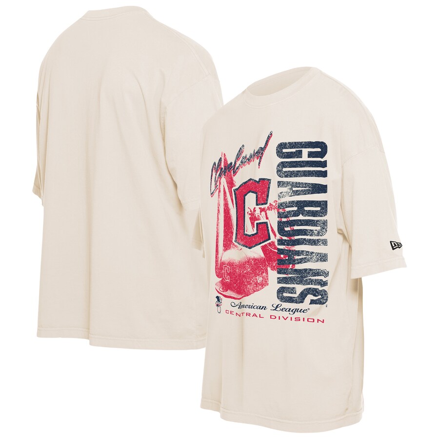 Men's Cleveland Guardians New Era Cream Cooperstown Collection Oversized Throwback Distressed T-Shirt - Puhuasuan