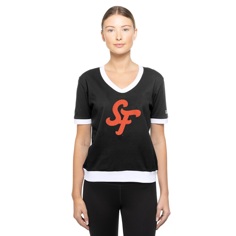 Women's San Francisco Giants New Era Black 2025 City Connect Rhinestone V-Neck T-Shirt - Puhuasuan