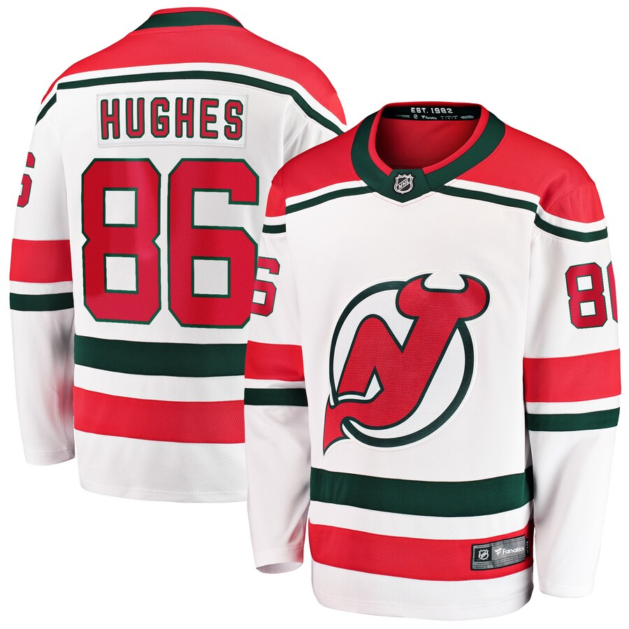 Men's New Jersey Devils Jack Hughes Fanatics Branded White 2022/23 Heritage Premier Breakaway Jersey - Puhuasuan
