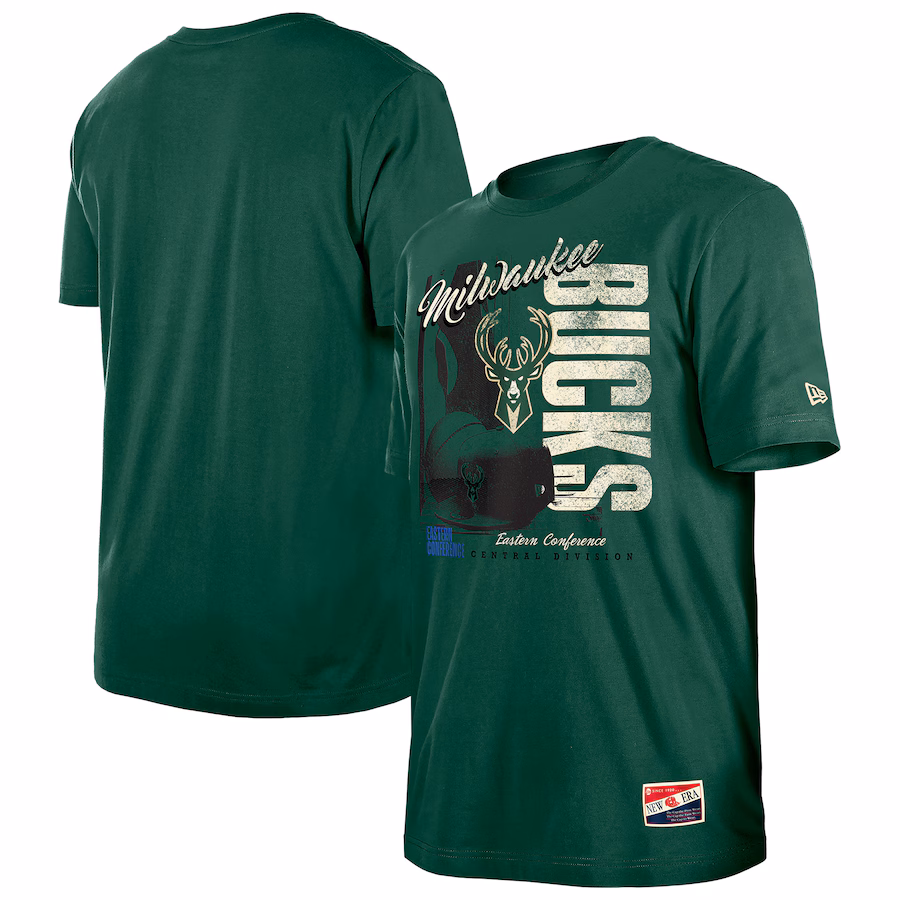 Men's Milwaukee Bucks  New Era Hunter Green Distressed Throwback Vintage Color Pack T-Shirt - Puhuasuan