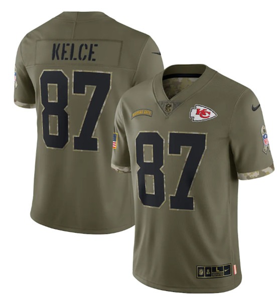 Men's Kansas City Chiefs #87 Travis Kelce 2022 Olive Salute To Service Limited Stitched Jersey - Puhuasuan