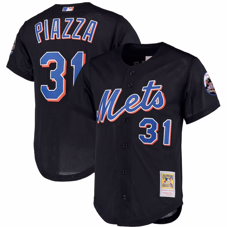 Men's New York Mets Mike Piazza Mitchell & Ness Black Big & Tall Cooperstown Collection Mesh Button-Up Jersey - Puhuasuan