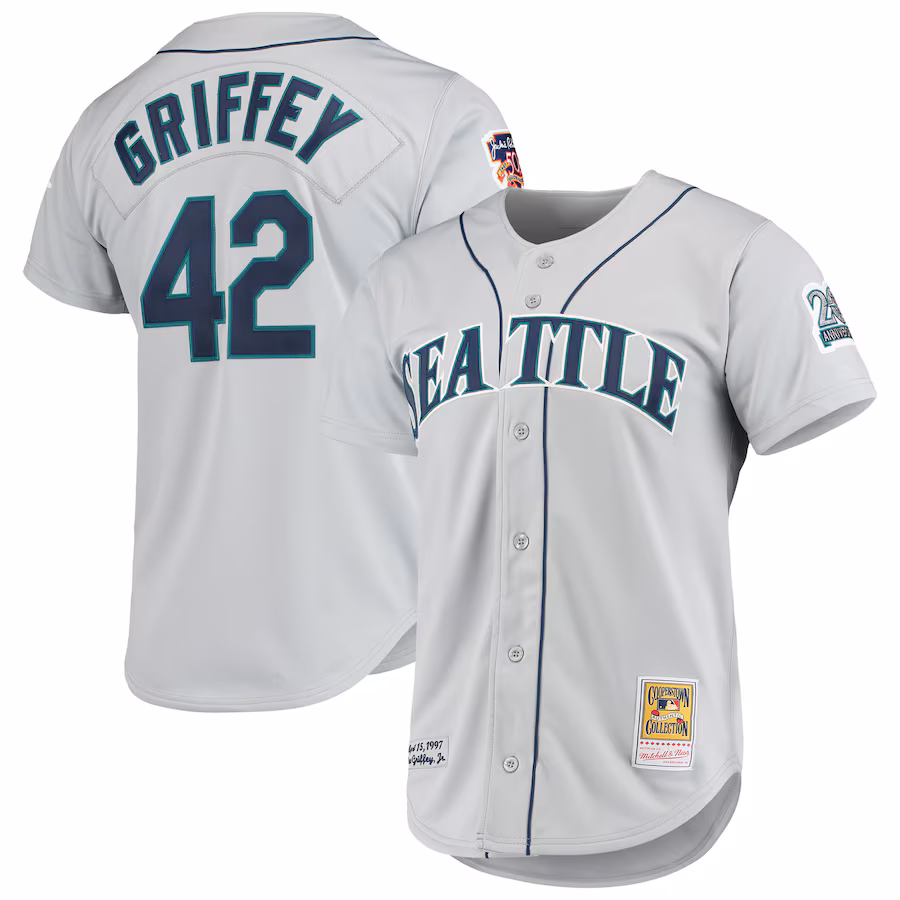 Men's Seattle Mariners Ken Griffey Jr. Mitchell & Ness Gray 20th Anniversary Cooperstown Collection Authentic Jersey - Puhuasuan