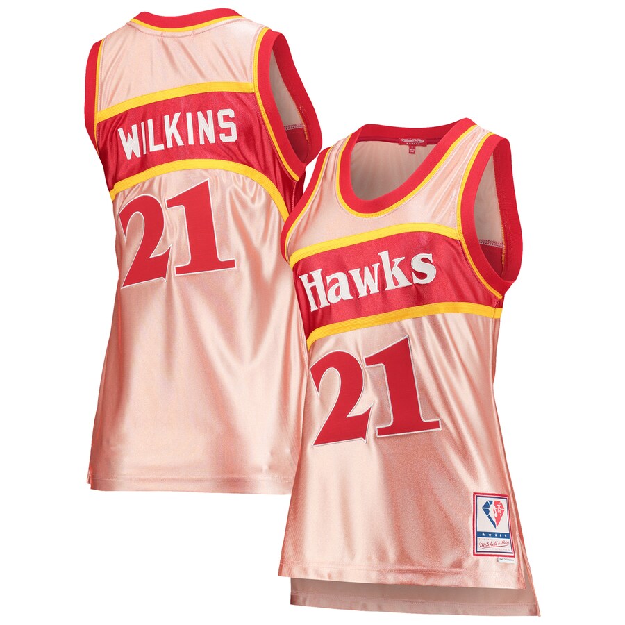 Women's Atlanta Hawks Dominique Wilkins Mitchell & Ness Pink 75th Anniversary Rose Gold 1986 Swingman Jersey - Puhuasuan