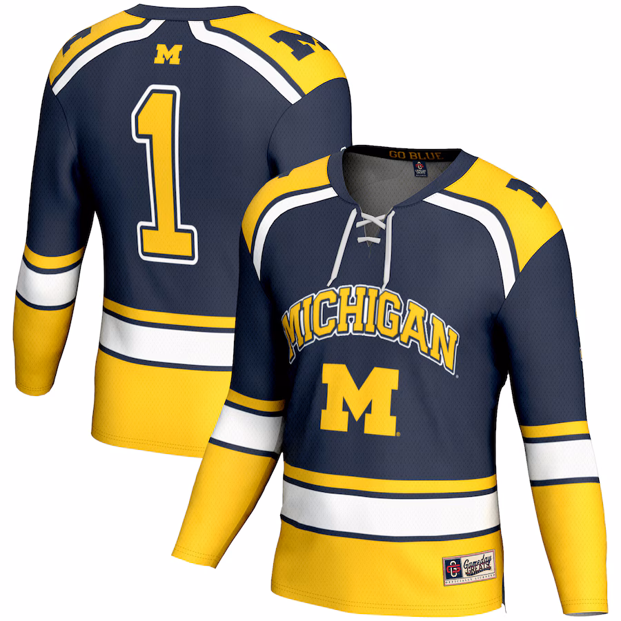 Men's GameDay Greats #1 Navy Michigan Wolverines Hockey Jersey - Puhuasuan