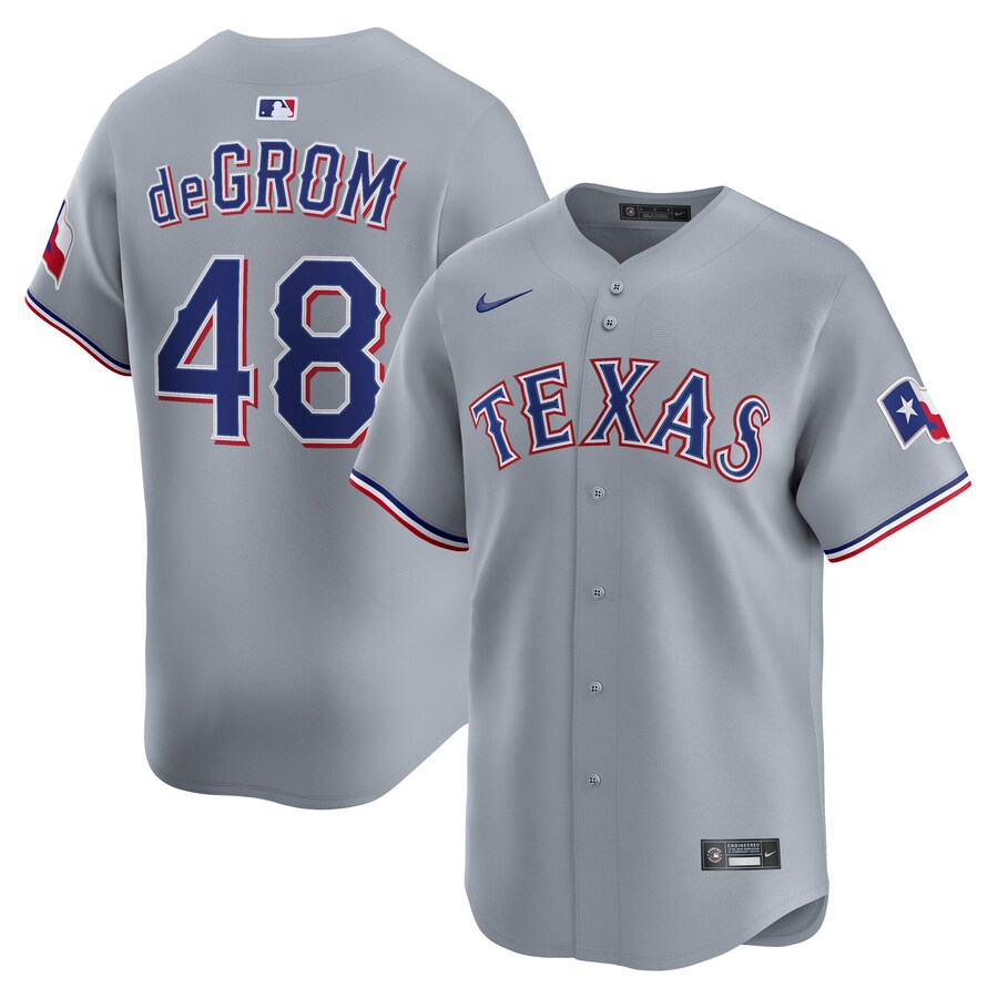 Men's Texas Rangers Jacob deGrom Nike Gray Road Limited Player Jersey - Puhuasuan