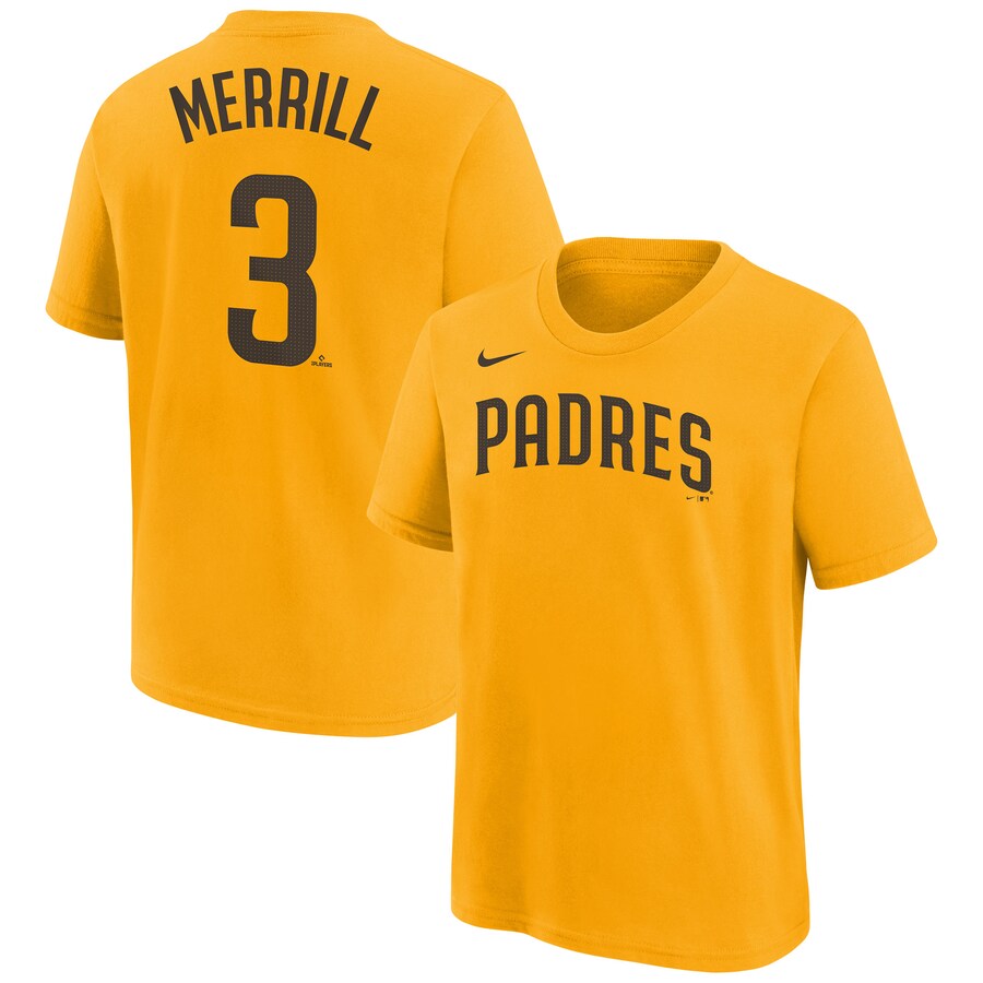Youth San Diego Padres Jackson Merrill Nike Gold Player Name & Number T-Shirt - Puhuasuan