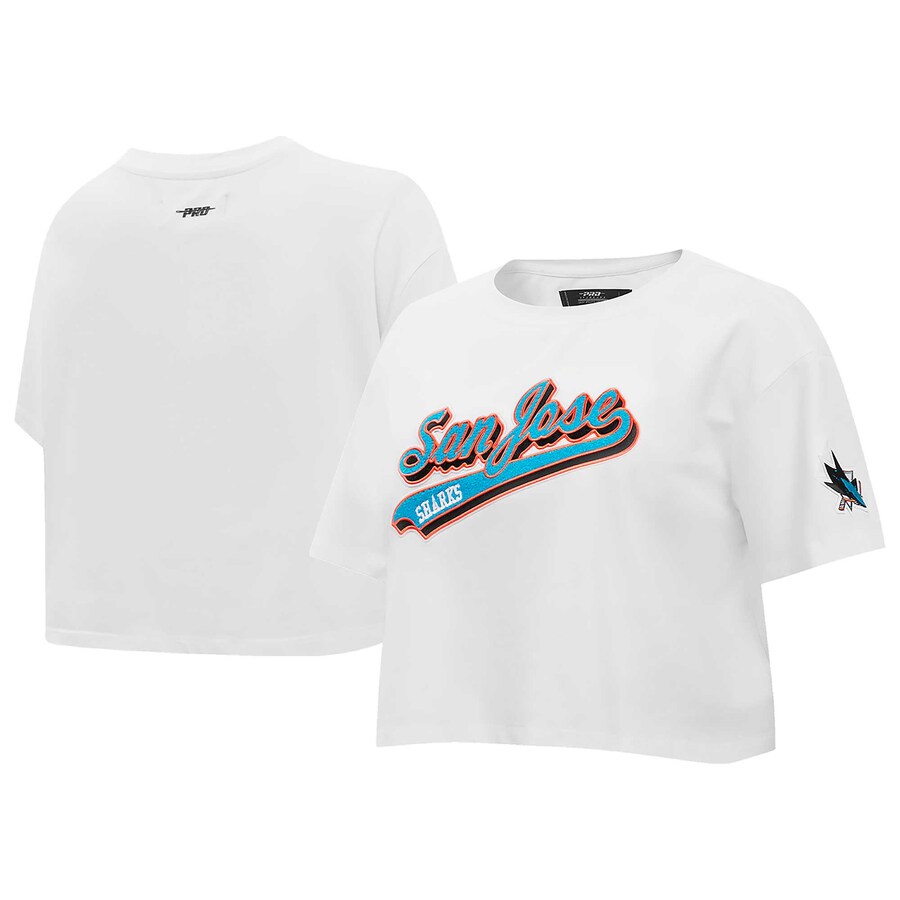 Women's San Jose Sharks Pro Standard White Boxy Script Tail Cropped T-Shirt - Puhuasuan