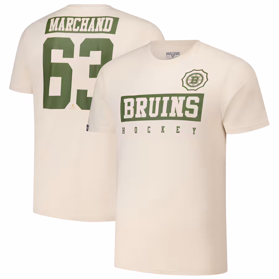Men's Boston Bruins Brad Marchand Levelwear Khaki 2024 NHL Military Appreciation Richmond Delta Player Name & Number T-Shirt - Puhuasuan