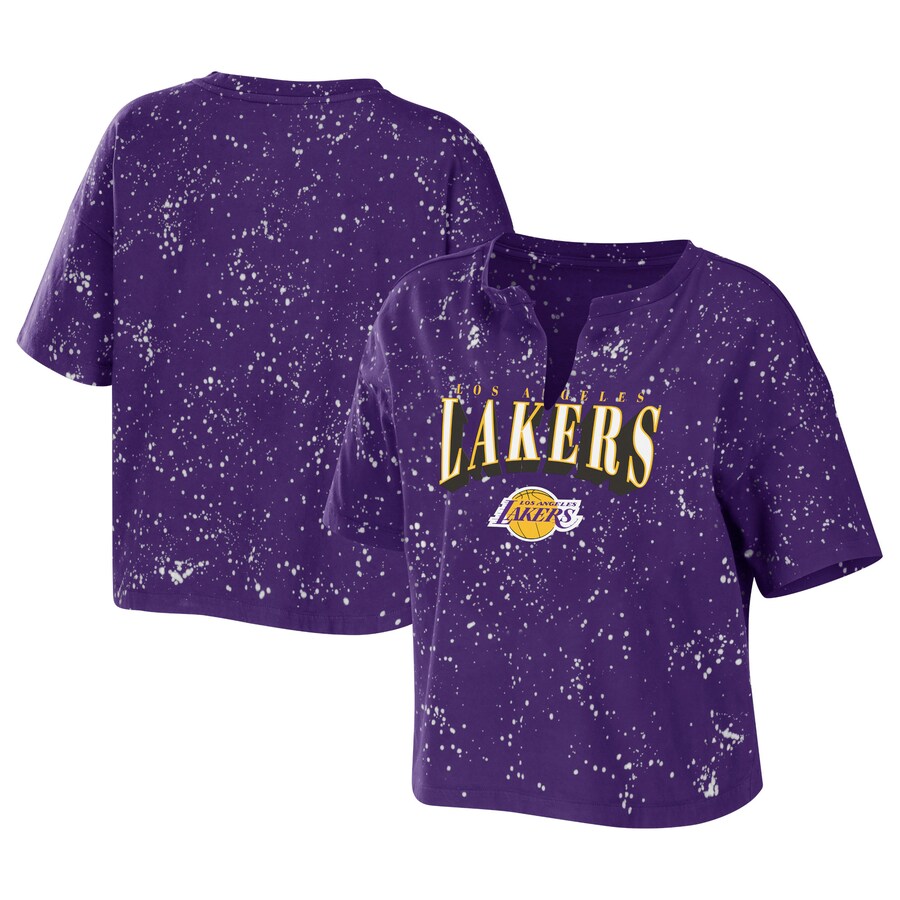 Women's Los Angeles Lakers WEAR by Erin Andrews Purple Bleach Splatter Notch Neck T-Shirt - Puhuasuan