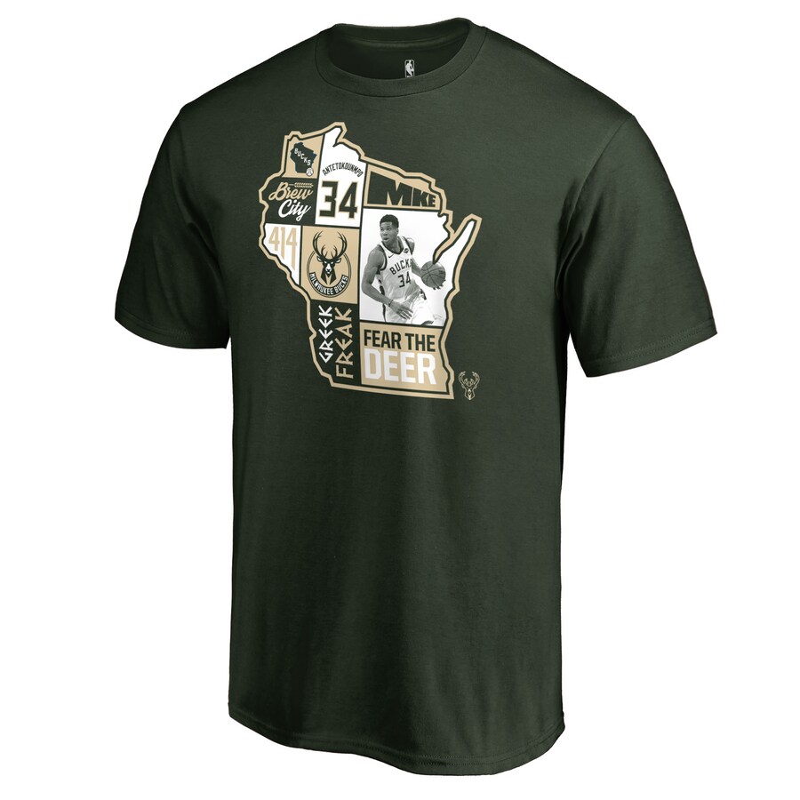 Men's Milwaukee Bucks Giannis Antetokounmpo Hunter Green Player State T-Shirt - Puhuasuan