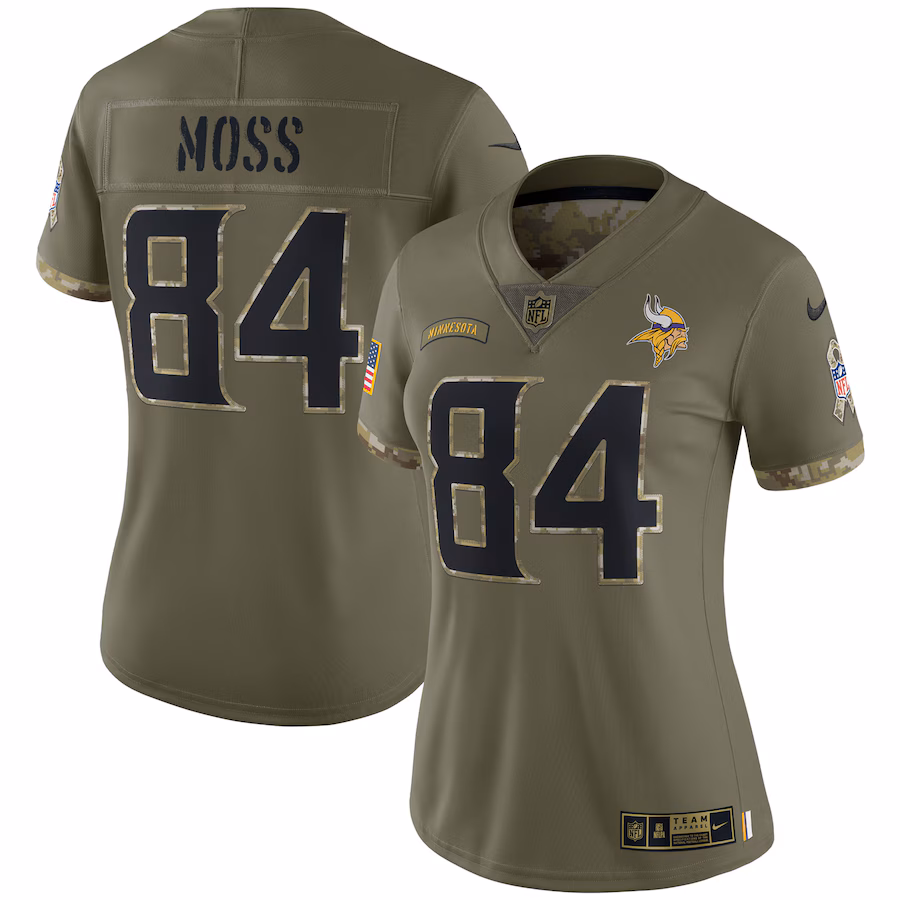 Women's Minnesota Vikings Randy Moss Nike Olive 2022 Salute To Service Retired Player Limited Jersey - Puhuasuan