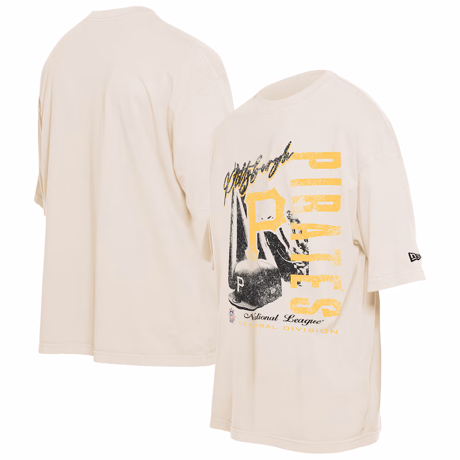 Men's Pittsburgh Pirates New Era Cream Cooperstown Collection Oversized Throwback Distressed T-Shirt - Puhuasuan