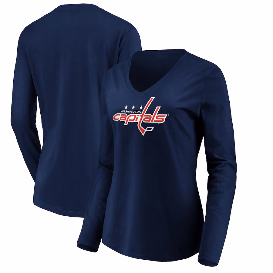 Women's Washington Capitals Navy Primary Logo V-Neck Long Sleeve T-Shirt - Puhuasuan
