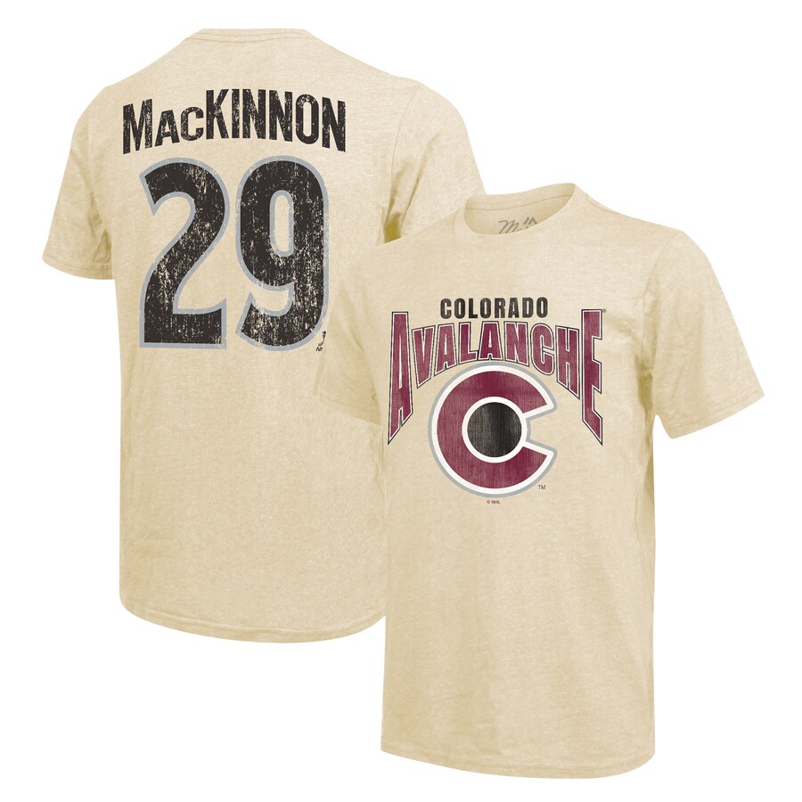 Men's Colorado Avalanche Nathan MacKinnon Majestic Threads Cream Dynasty Name & Number Tri-Blend T-Shirt - Puhuasuan
