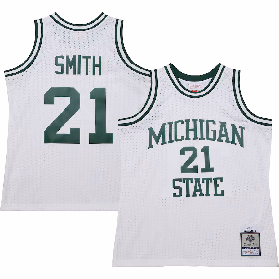 Men's Mitchell & Ness Steve Smith White Michigan State Spartans 125th Basketball Anniversary 1990 Throwback Fashion Jersey - Puhuasuan