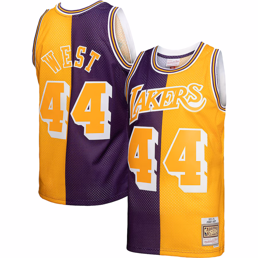 Men's Los Angeles Lakers Jerry West Mitchell & Ness Purple/Gold Hardwood Classics 1971/72 Split Swingman Jersey - Puhuasuan