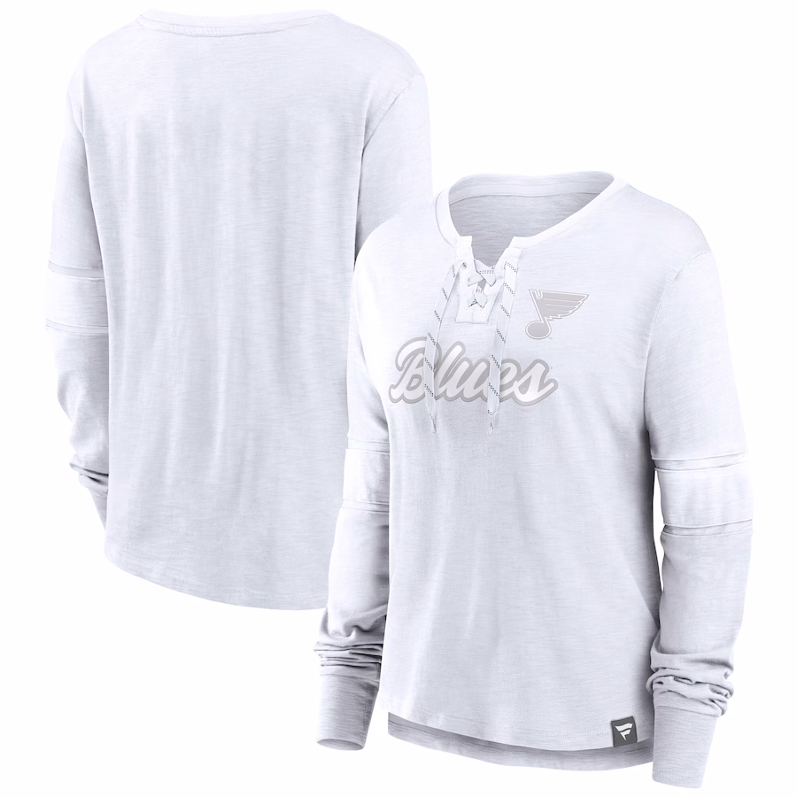 Women's St. Louis Blues Fanatics White Out Lace-Up Fashion Long Sleeve T-Shirt - Puhuasuan