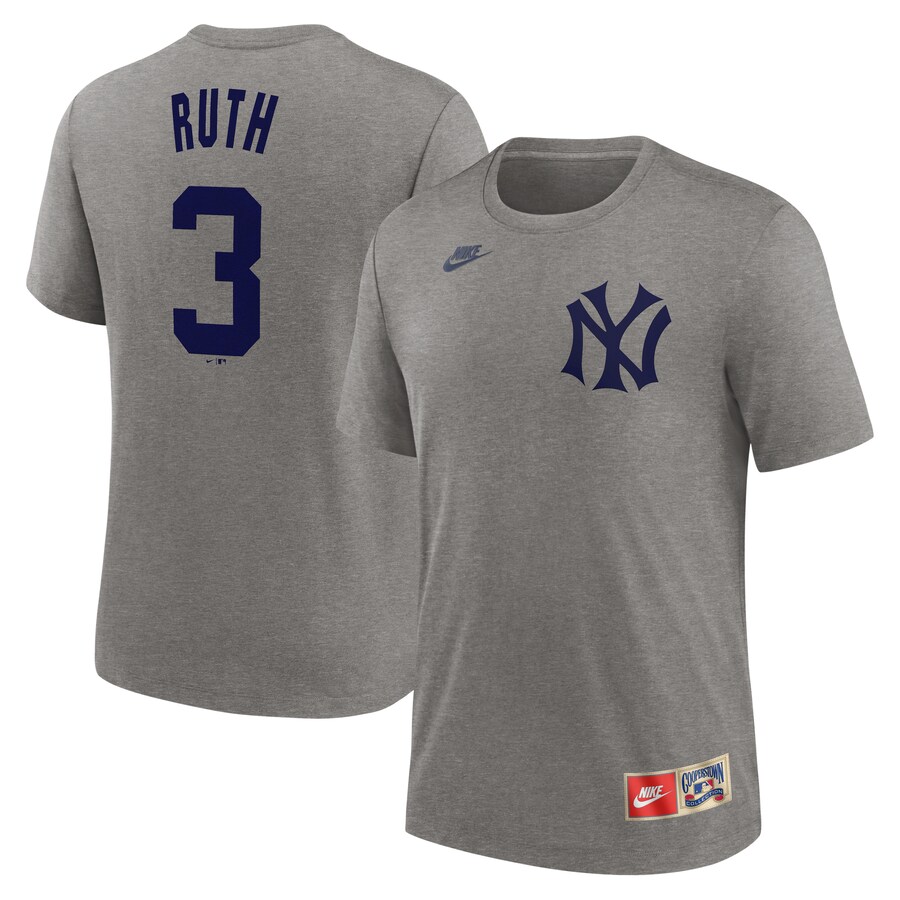Men's New York Yankees Babe Ruth Nike Heather Gray Cooperstown Collection Tri-Blend Name & Number T-Shirt - Puhuasuan