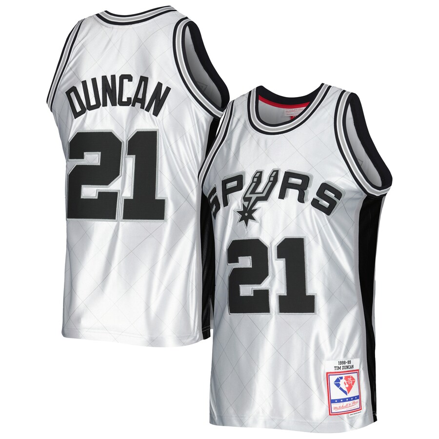 Men's San Antonio Spurs Tim Duncan Mitchell & Ness Platinum 1998/99 Hardwood Classics 75th Anniversary Swingman Jersey - Puhuasuan