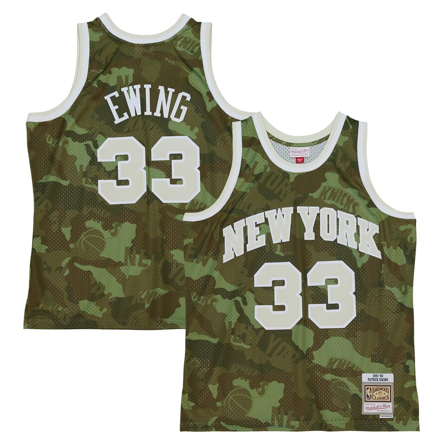 Men's New York Knicks Patrick Ewing Mitchell & Ness Camo Hardwood Classics 1991/92 Ghost Green Swingman Jersey - Puhuasuan