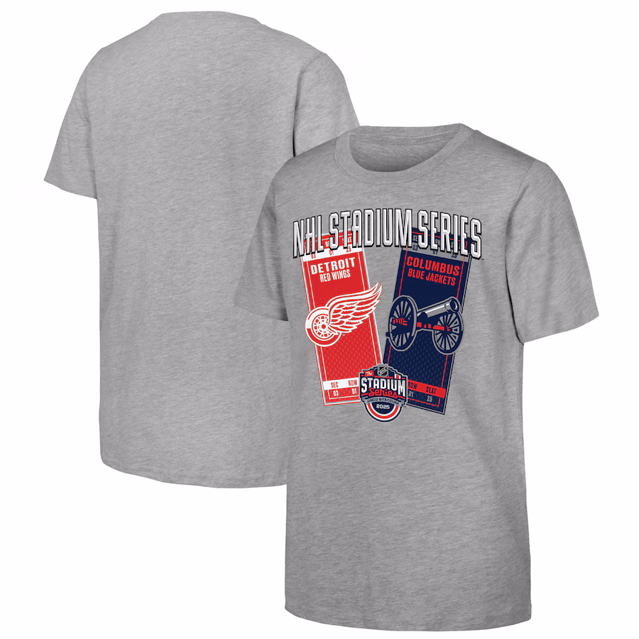 Youth Heather Gray 2025 NHL Stadium Series Columbus Blue Jackets vs. Detroit Red Wings Matchup T-Shirt - Puhuasuan