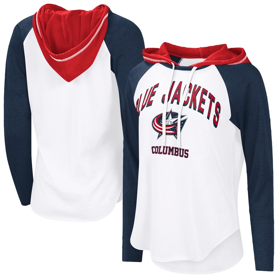 Women's Columbus Blue Jackets G-III 4Her by Carl Banks White VIP Raglan Long Sleeve Hoodie T-Shirt - Puhuasuan