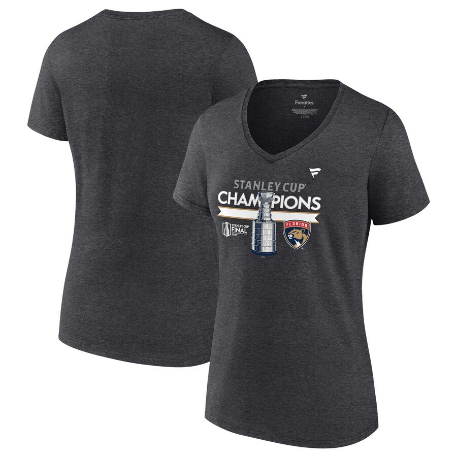 Women's Florida Panthers Fanatics Heather Charcoal 2024 Stanley Cup Champions Locker Room V-Neck T-Shirt - Puhuasuan