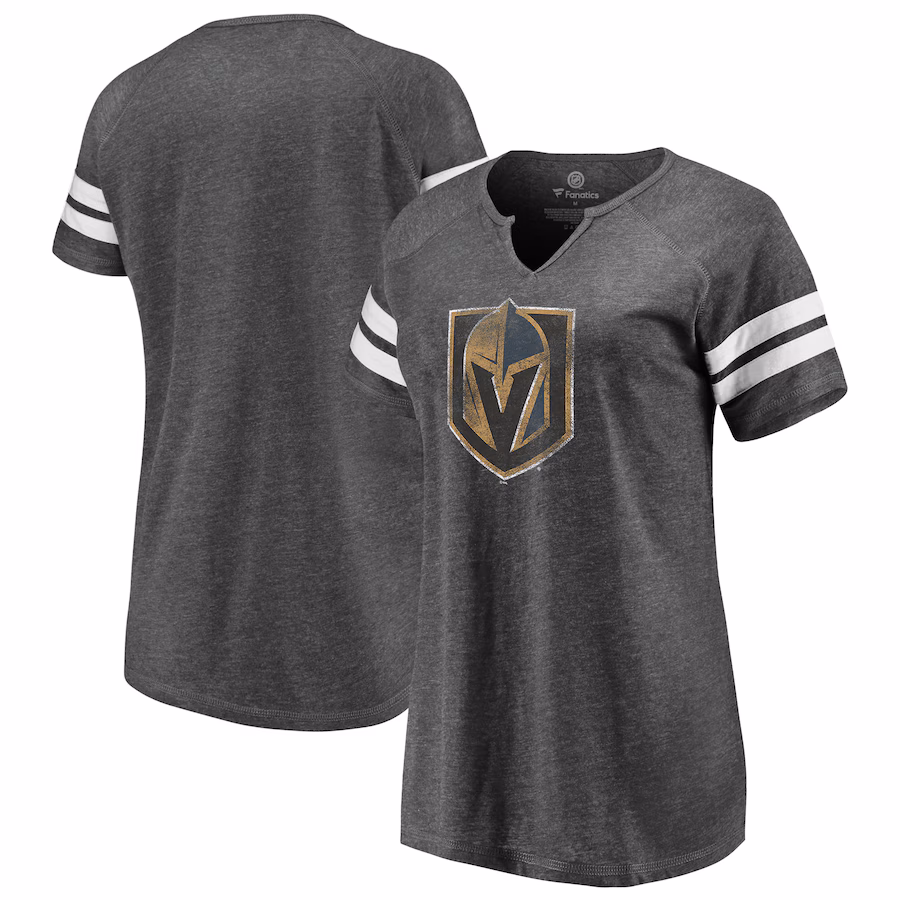 Women's Vegas Golden Knights Fanatics Heather Charcoal Distressed Logo Notch Neck T-Shirt - Puhuasuan