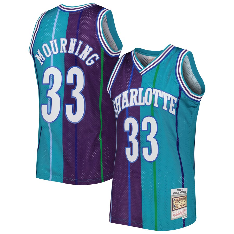 Men's Charlotte Hornets Alonzo Mourning Mitchell & Ness Teal/Purple Hardwood Classics 1992/93 Split Swingman Jersey - Puhuasuan