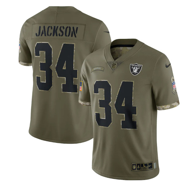 Men's Las Vegas Raiders #34 Bo Jackson 2022 Olive Salute To Service Limited Stitched Jersey - Puhuasuan
