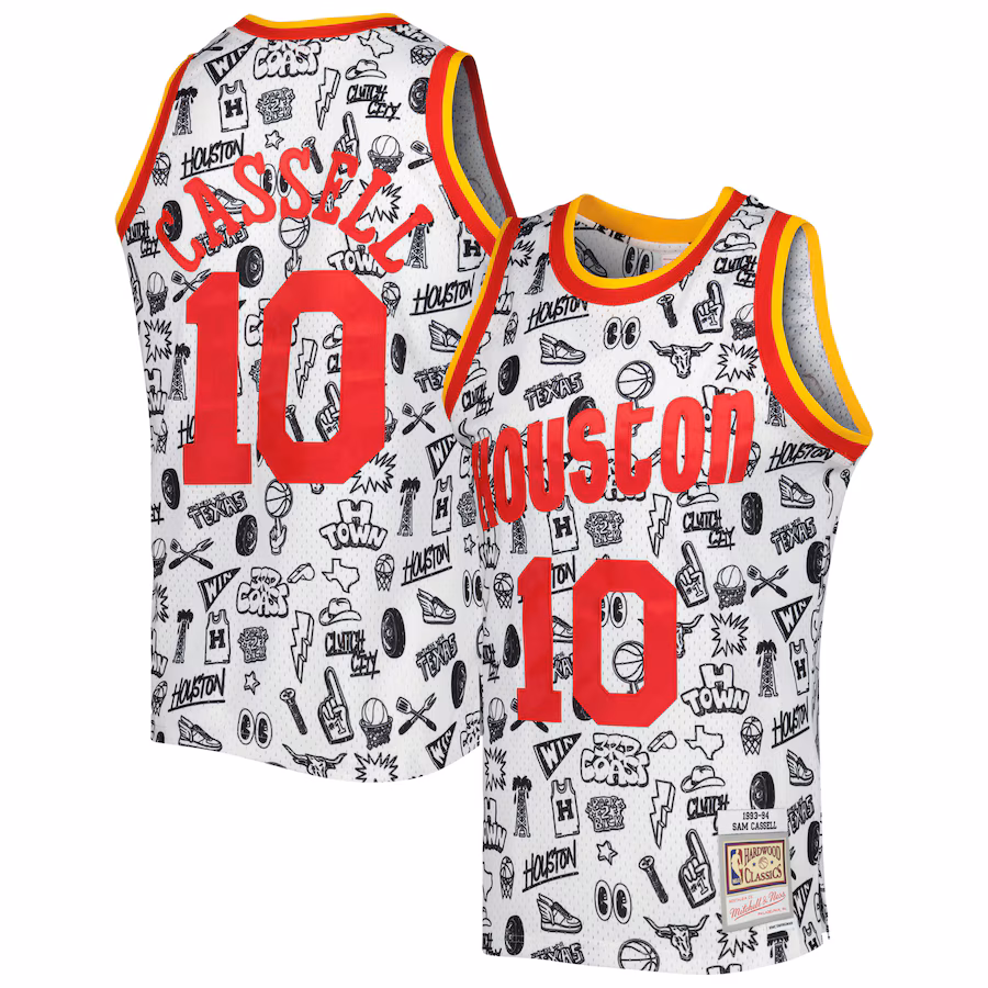 Men's Houston Rockets Sam Cassell Mitchell & Ness White 1993/94 Hardwood Classics Doodle Swingman Jersey - Puhuasuan