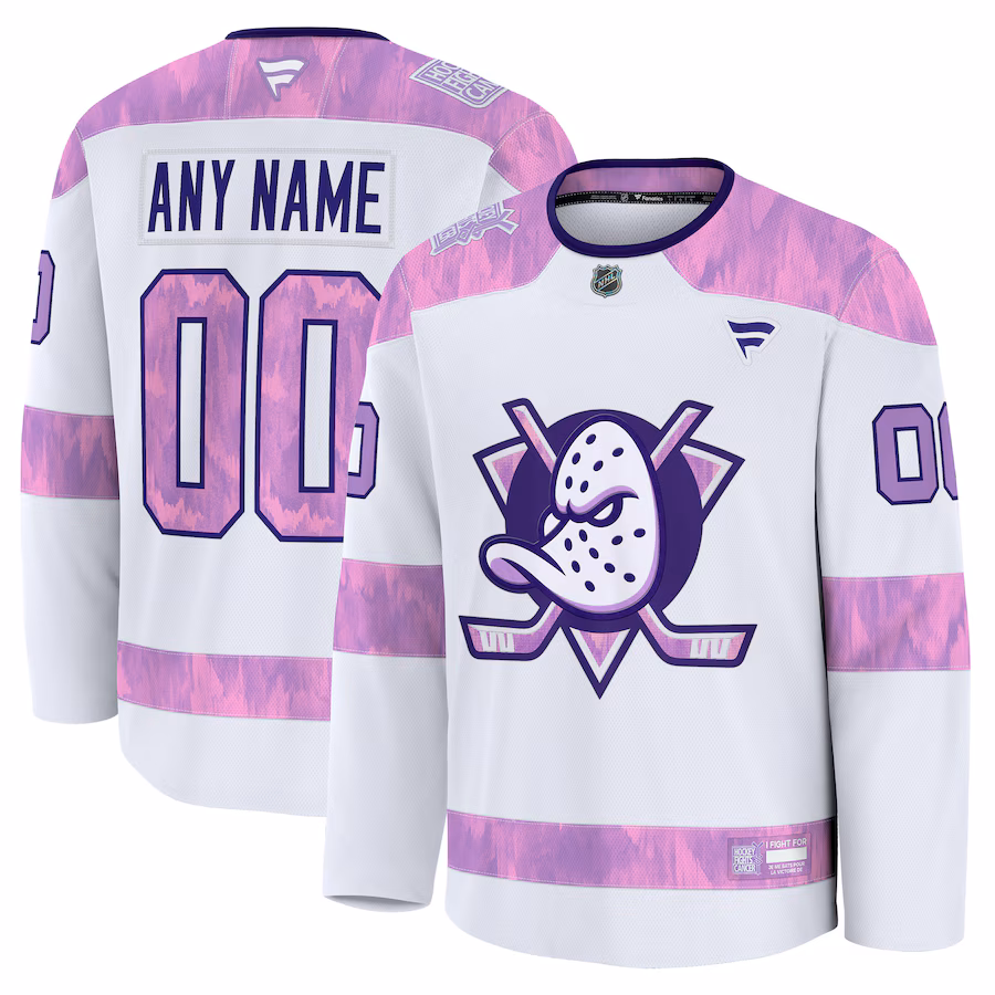 Men's Anaheim Ducks Fanatics White 2024 Hockey Fights Cancer Custom Practice Jersey - Puhuasuan