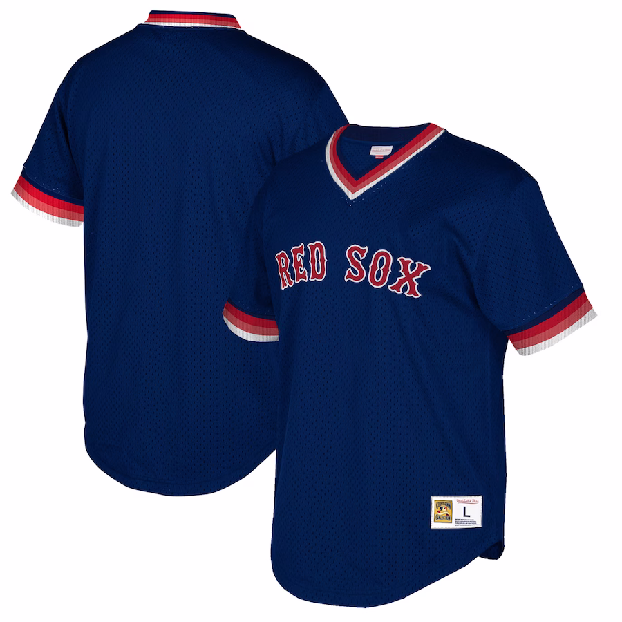 Men's Boston Red Sox Mitchell & Ness Navy Big & Tall Cooperstown Collection Mesh Wordmark V-Neck Jersey - Puhuasuan