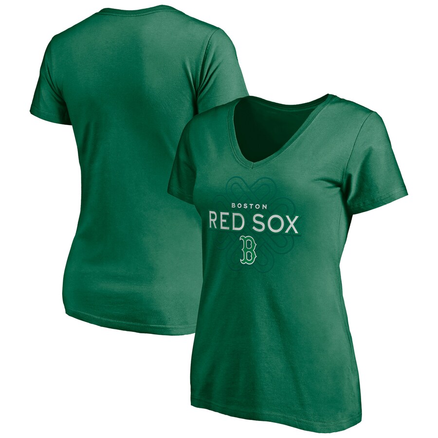 Women's Boston Red Sox Green Team Logo Celtic Knot V-Neck T-Shirt - Puhuasuan