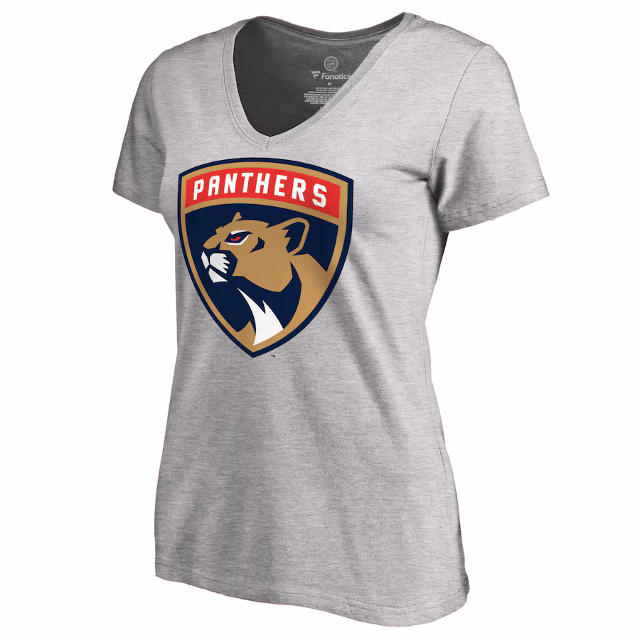 Women's Florida Panthers Heather Gray Primary Logo V-Neck T-Shirt - Puhuasuan