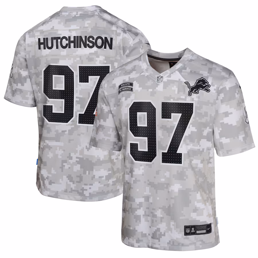Youth Detroit Lions Aidan Hutchinson Nike Arctic Camo 2024 Salute to Service Game Jersey - Puhuasuan