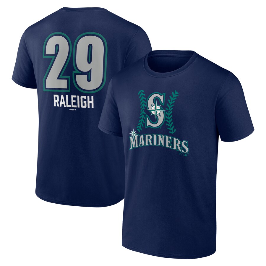Men's Seattle Mariners Cal Raleigh Navy Name & Number Fastball T-Shirt - Puhuasuan