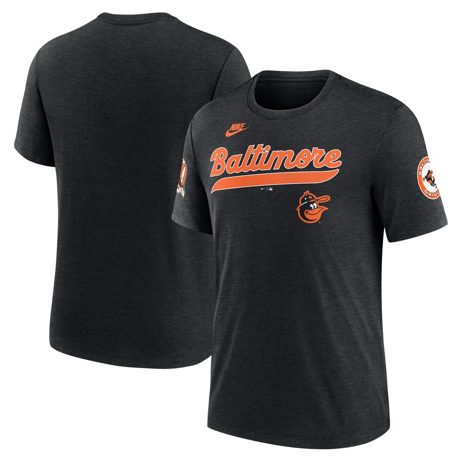 Men's Baltimore Orioles Nike Heather Black Cooperstown Collection Eras Tri-Blend T-Shirt - Puhuasuan
