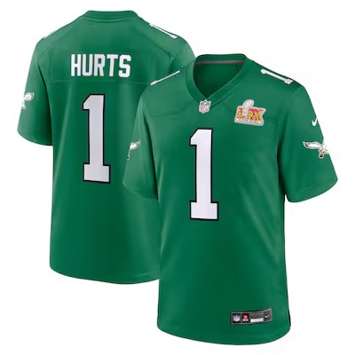 Men's Philadelphia Eagles Jalen Hurts Nike Kelly Green Super Bowl LIX 2nd Alternate Game Jersey - Puhuasuan