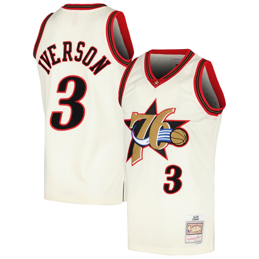 Men's Philadelphia 76ers Allen Iverson Mitchell & Ness Cream Chainstitch Swingman Jersey - Puhuasuan