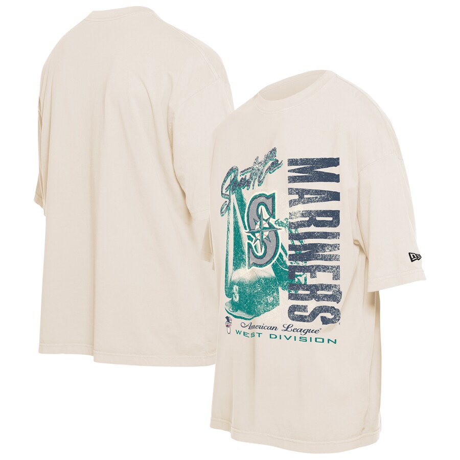Men's Seattle Mariners New Era Cream Cooperstown Collection Oversized Throwback Distressed T-Shirt - Puhuasuan